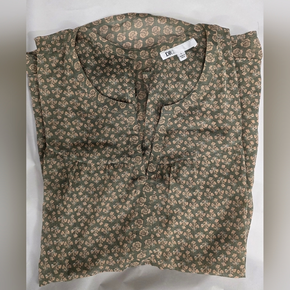 DR2 Sheer green pink Floral Flowy Shell Cap Sleeve Top size Large